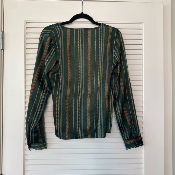 NWT Lumiere Satin Wrap V-Neck Top, Green Rust Yellow White Striped, Size S - Picture 2 of 8